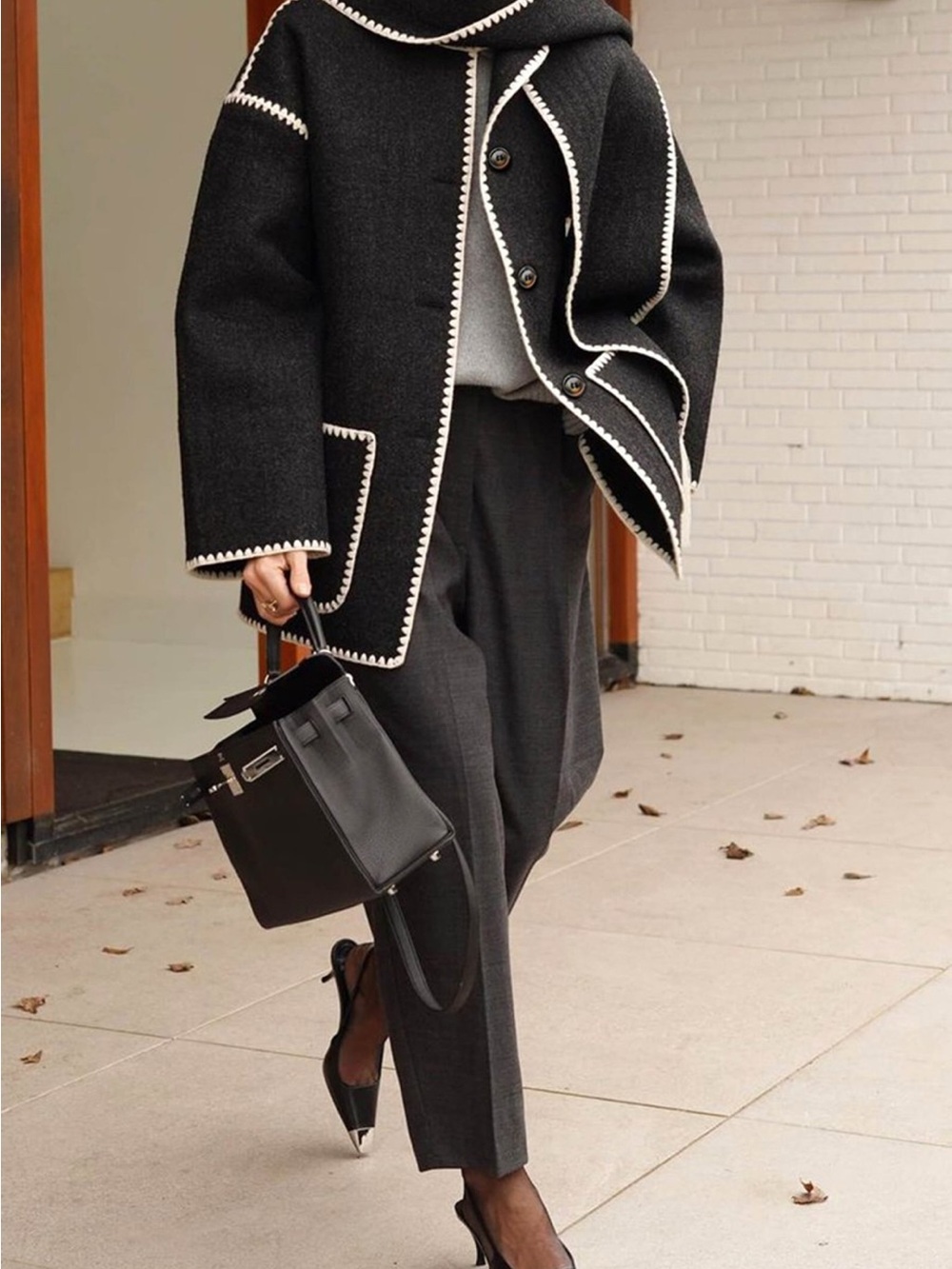 Black Contrast Drop Shoulder Wool-Blend Tweed Coat with Scarf